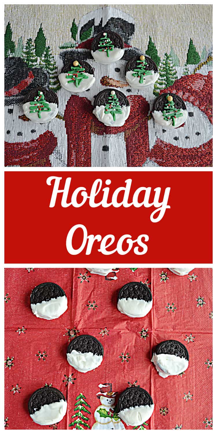 Pin Image:  Three Holiday Oreos, Text Title, a bunch of Oreos dipped in white chocolate.