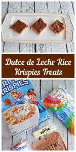 Pin Image: A platter with three Dulce de Leche Rice Krispies Treaats squares, text title, all the ingredients for Dulce de Leche RIce Krispies Treats