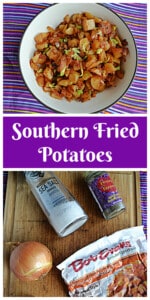 Pin Image: A bowl of Southern Fried Breakfast Potatoes, text title, all the ingredients to make fried potatoes.