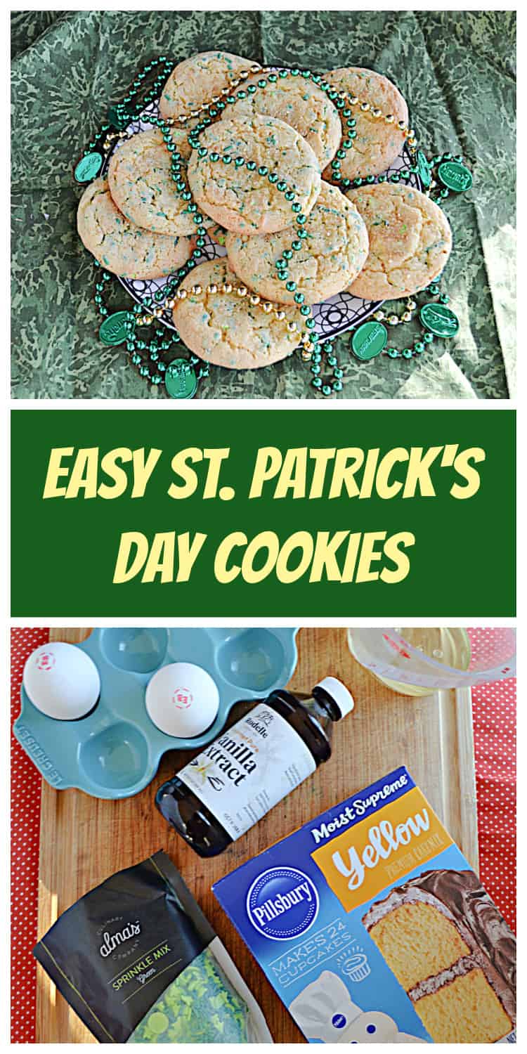 Pin Image:   A plate of St. Patrick's Day cookies with green and gold beads on the plate, text title, a board with the ingredients on it. 