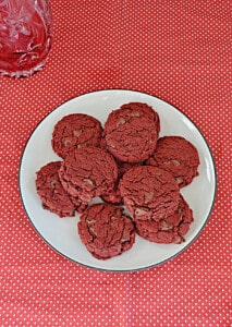 A plate of Vegan Red Velvet Cookies.