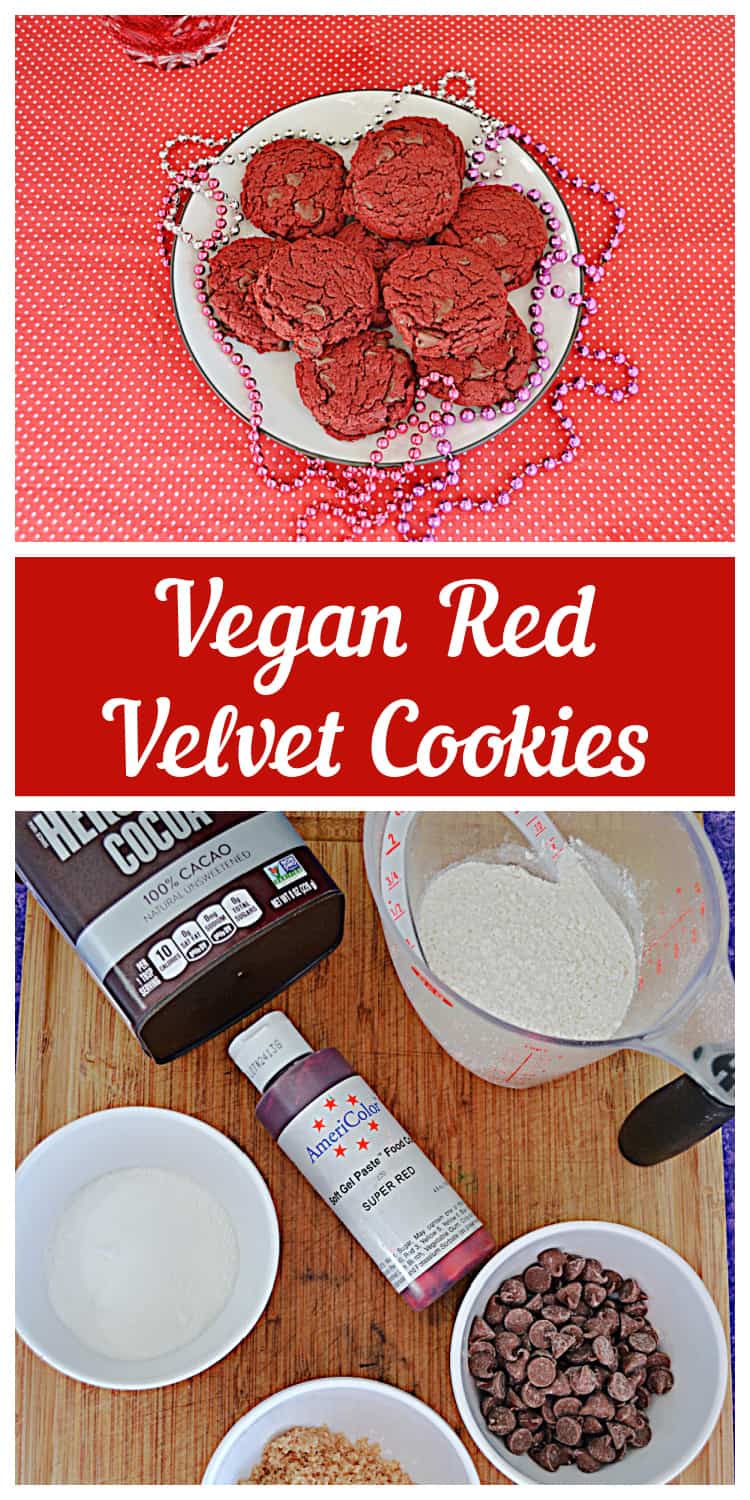 Pin Image:  A plate of vegan red velvet cookies with beads on the plates, text title, a cutting board with ingredients on it.