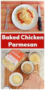 Pin Image: A plate of chicken parmesan over top of noodles, text title, a cutting board with all the ingredients needed to make Chicken Parmesan.