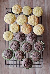 A baking rack with a dozen vanilla cupcakes and a dozen chocolate cupcakes.