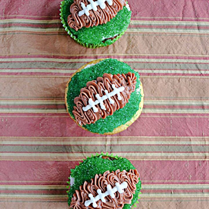 Three cupcakes with a football design on them.