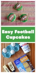 Pin Image: Three cupcakes with footballs on them, text title, ingredients for the cupcakes.