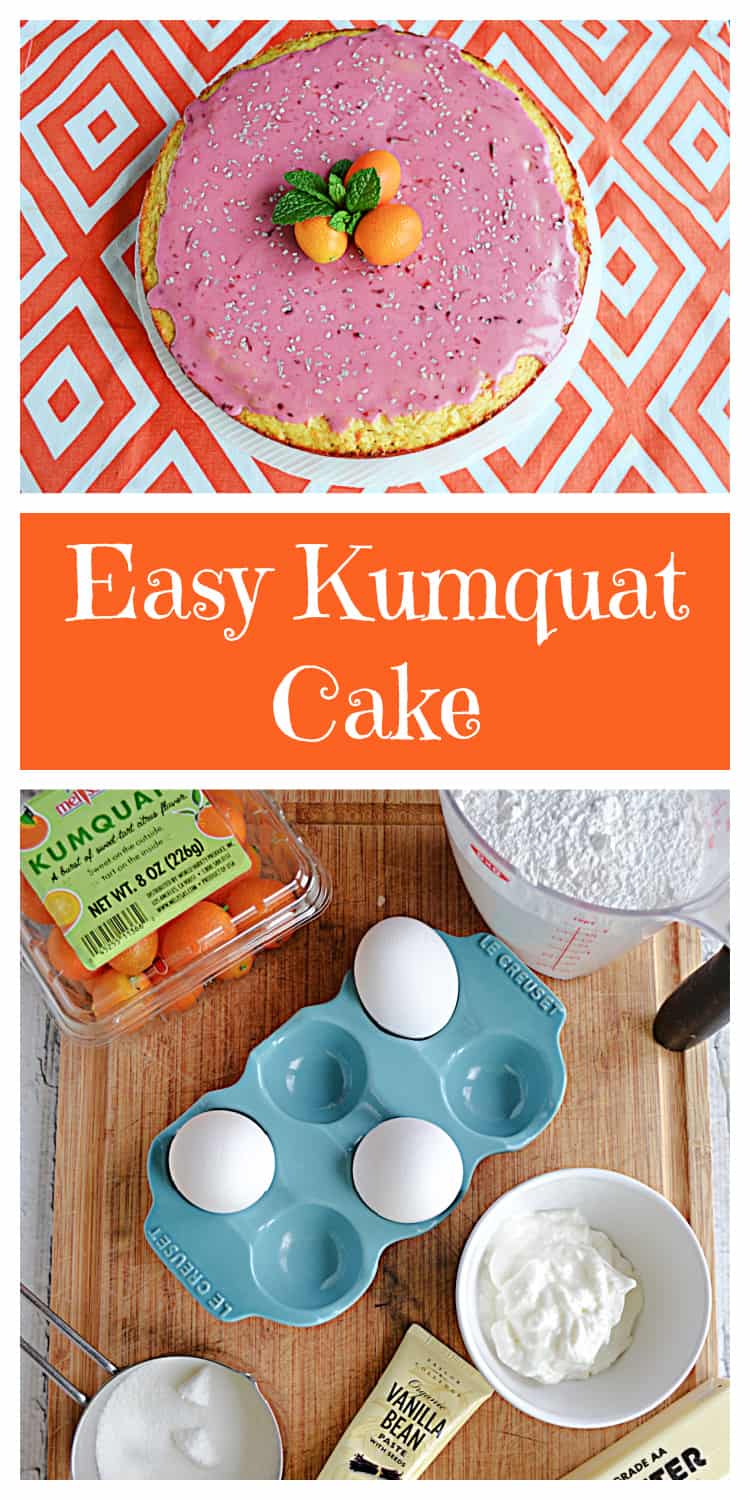 Pin Image:  A cake with pink glaze and 3 kumquats on top, text title, ingredients for the cake.
