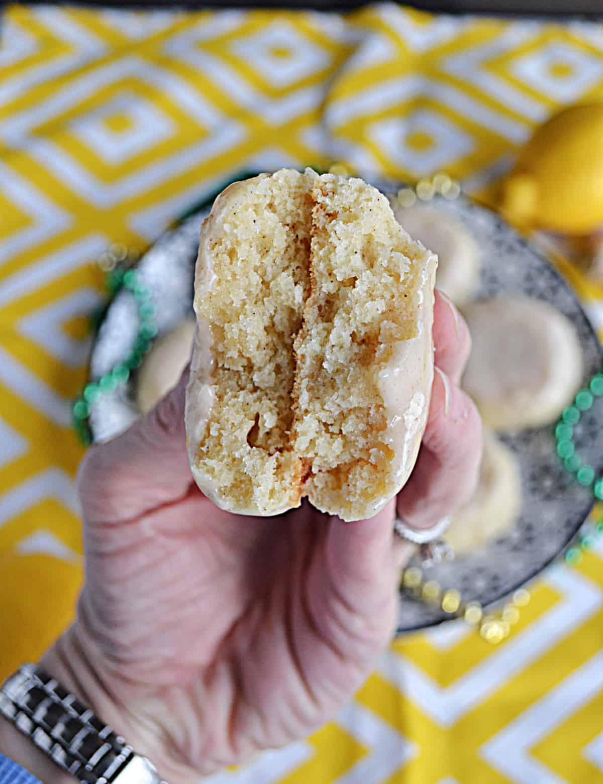A close up of the inside of a lemon ginger cookie.