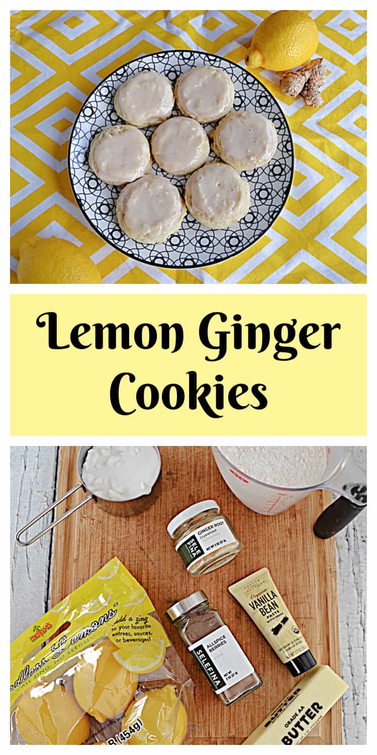 Pin Image:  A plate of lemon cookies, text title, a cutting board with the ingredients to make the cookies. 