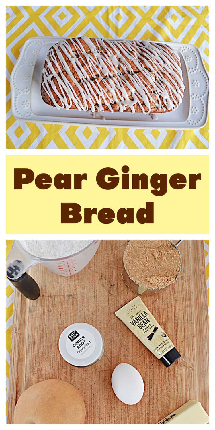 Pin Image:   A platter with pear ginger bread on it, text title, a cutting board with all the ingredients on it.