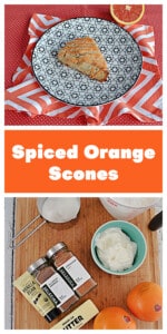 Pin Image: A plate with a scones drizzled with glaze and an orange in the background, text title, a cutting board with the ingredients for scones on it.
