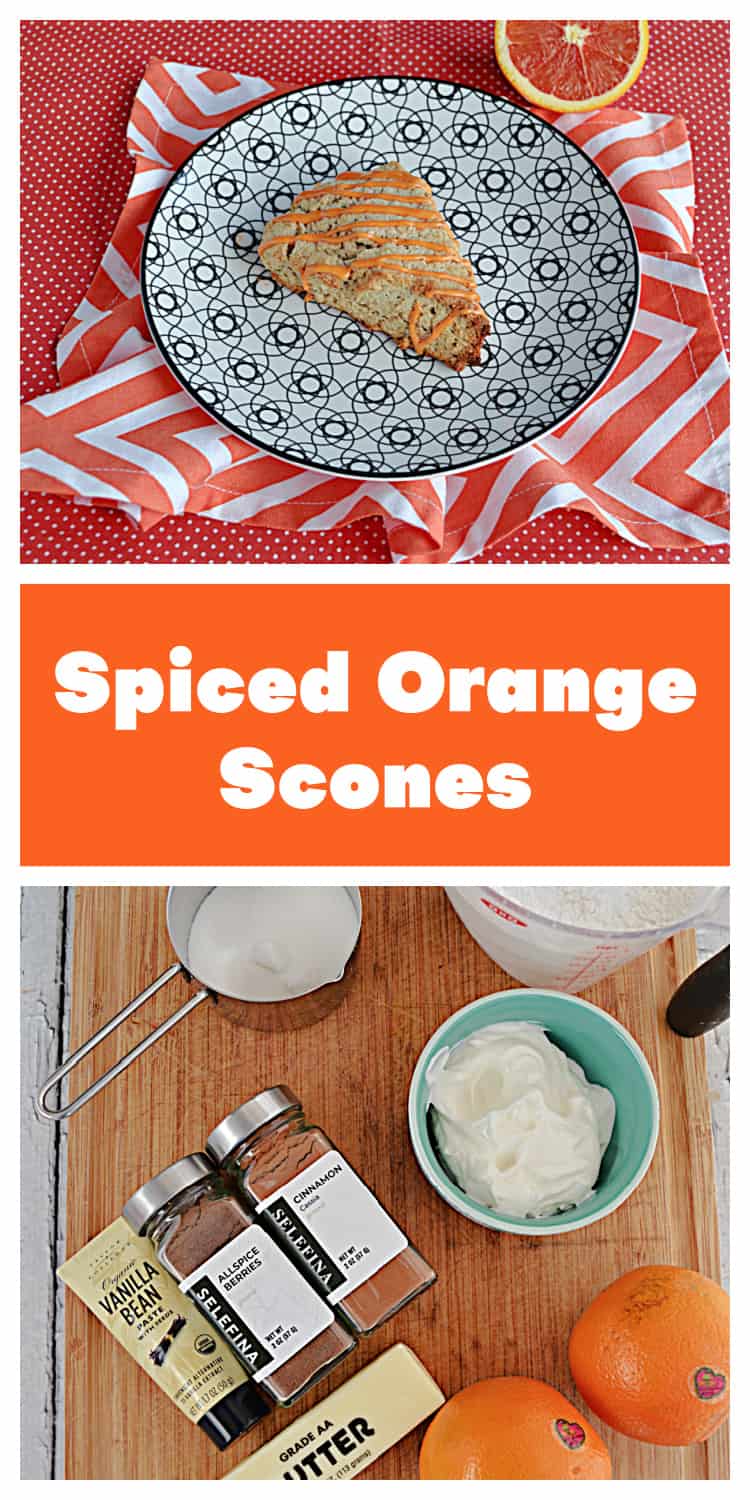 Pin Image:   A plate with a scones drizzled with glaze and an orange in the background, text title, a cutting board with the ingredients for scones on it. 