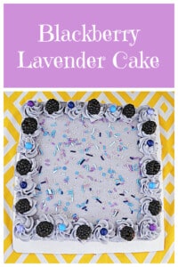 Pin Image: Text title, a square cake with purple frosting topped off with fresh blackberries and sprinkles.