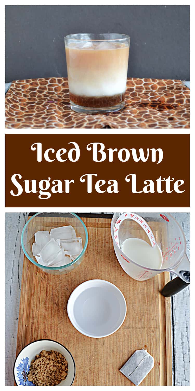 Pin Image:  A glass layered with brown sugar syrup, cold milk, and black tea, text title, ingredients for the latte.