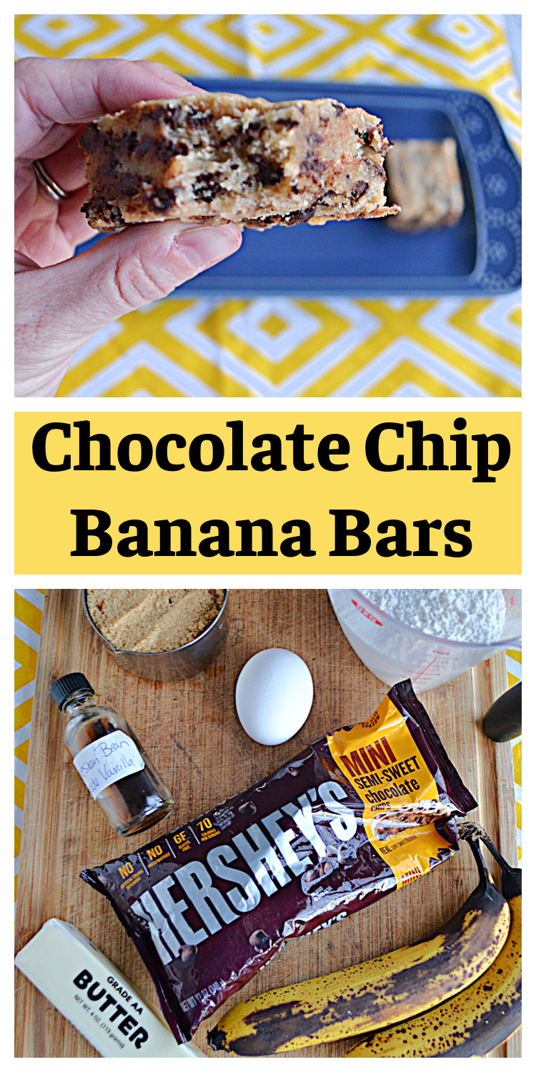 Pin Image:  A close up of a banana chocolate chip bar with a bite taken out of it, text title, ingredients for making banana bars.