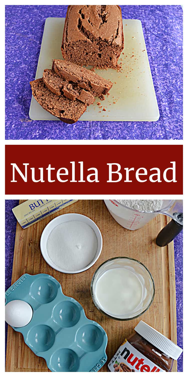 Pin Image: Nutella Bread loaf with several pieces cut off, text title, all the ingredients for Nutella Bread.