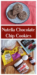 Pin Image: A plate of Chocolate Chip Nutella Cookies, text title, a cutting board of ingredients.