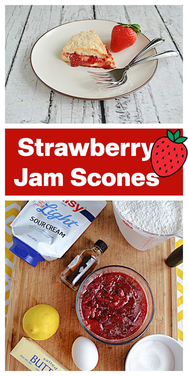 Pin Image:  A plate with a scone on it with two forks and a fresh strawberry, text title, a cutting board with all the ingredients to make the scones. 