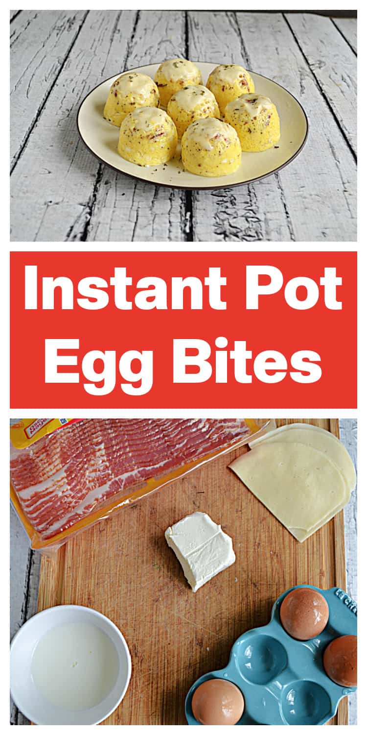 Pin Image:   A plate of egg bites, text title, all the ingredients to make the egg bites. 
