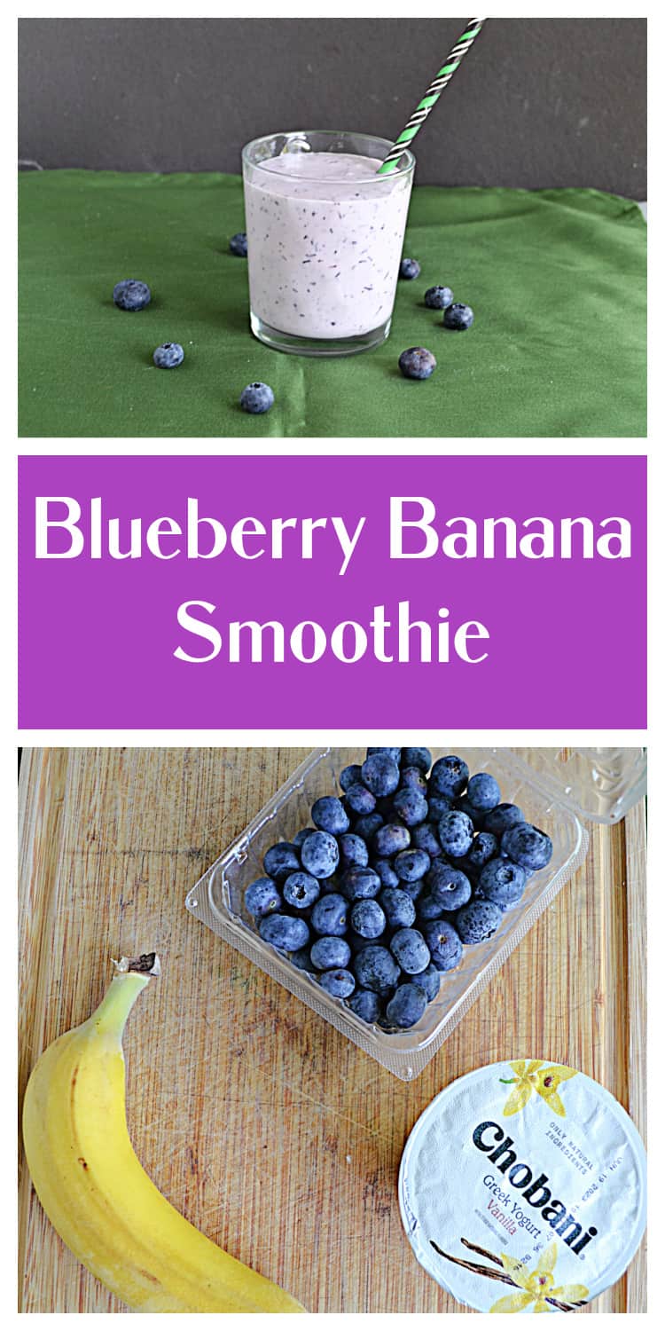Pin Image:  A blueberry banana smoothie in a glass with a straw and blueberries around the glass, text title, a cutting board with ingredients on it. 