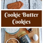 Pin Image: Cookie butter cookies with frosting and cookie crumbs on top along with Biscoff cookies, text title, a board with ingredients on it.