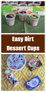 Pin Image: Three cups filled with dirt dessert with gummy worms on top, text title, ingredients to make the dessert.