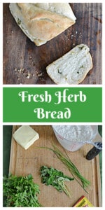 Pin Image: Bread with a slice cut off to show the swirled interior, text title, cutting board with herbs on it.
