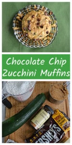 Pin Image: A chocolate chip zucchini muffin, text title, ingredients to make the muffins.