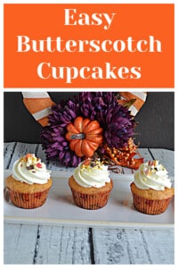 Pin Image: Text title, Three cupcakes with frosting on top in front of a pumpkin on a wreath.