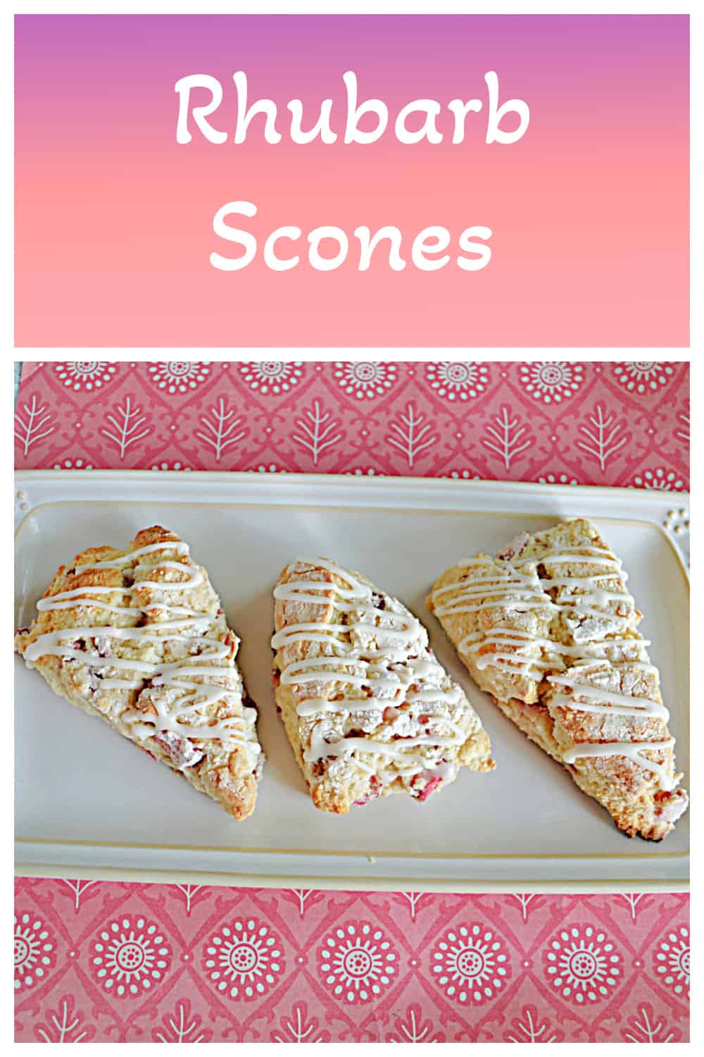 Pin Image: Text title, Three scones with a drizzle of glaze.