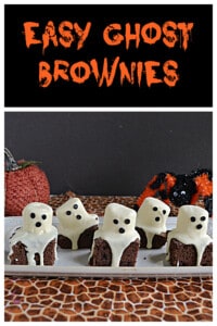 Pin Image: Text title, A platter with ghost brownies on it and a pumpkin and spider behind the platter.