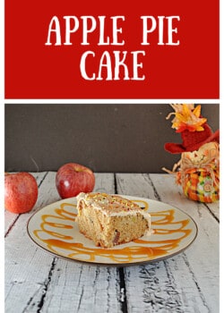 Pin Image: Text title, a slice of apple pie cake on a plate with apples in the background.