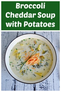 Pin Image: Text Title, A bowl of Broccoli Cheddar Soup
