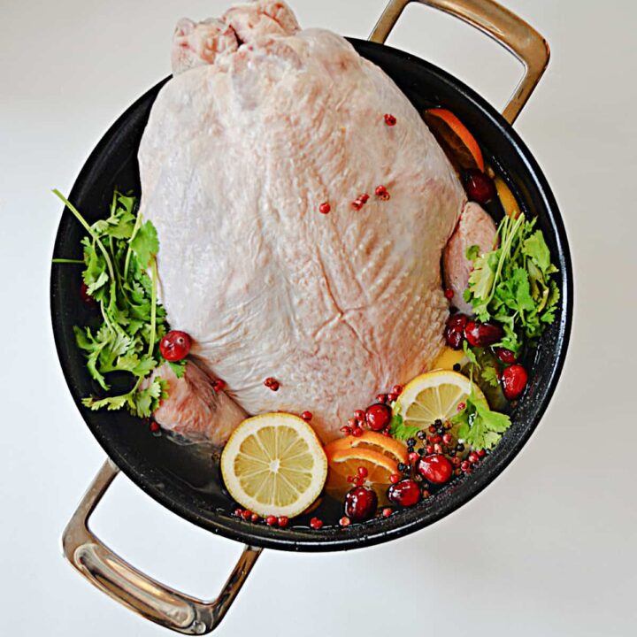 A turkey in a stock pot with fresh herbs and citrus fruit.