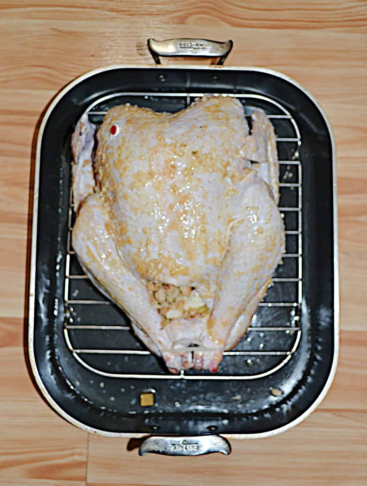 A turkey rubbed with butter and garlic in a roasting pan.