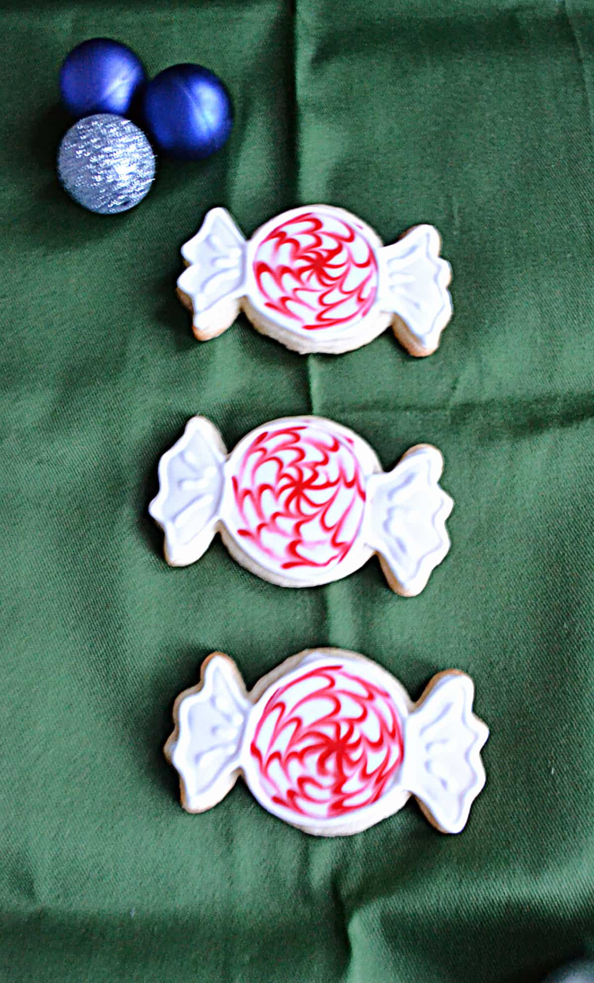 Three peppermint candy sugar cookies.