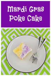 Pin Image: Text title, a plate with a slice of cake and 2 forks on it.