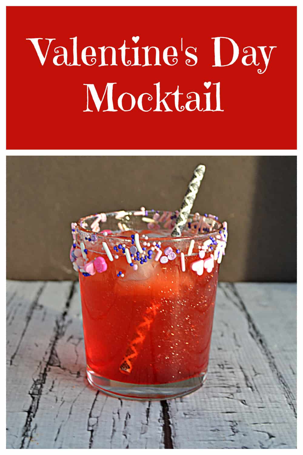 Pin Image: Text title, a glass of berry mocktail with sprinkles around the rim.