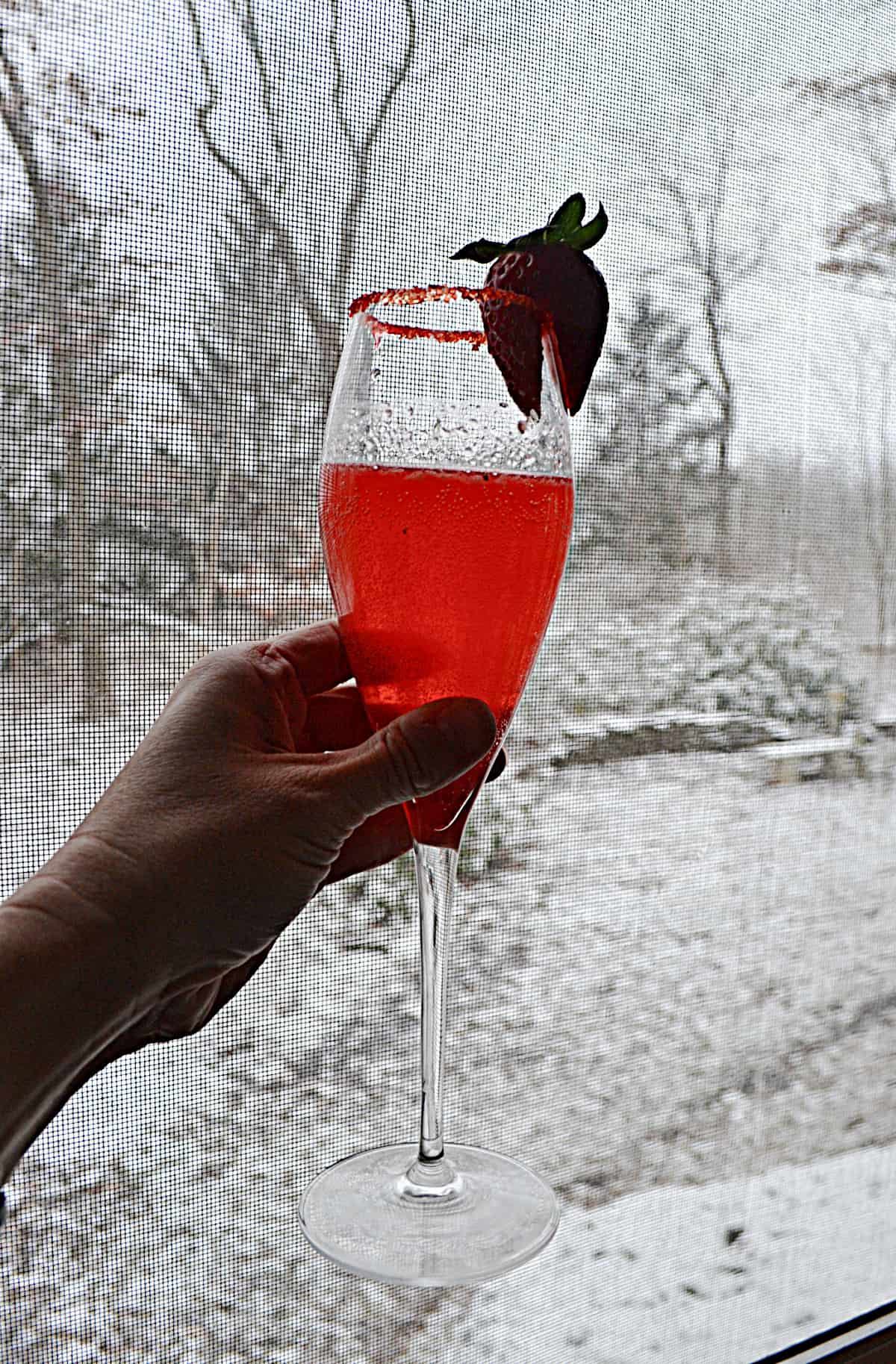 A hand holding a glass of champagne cocktail with strawberries.