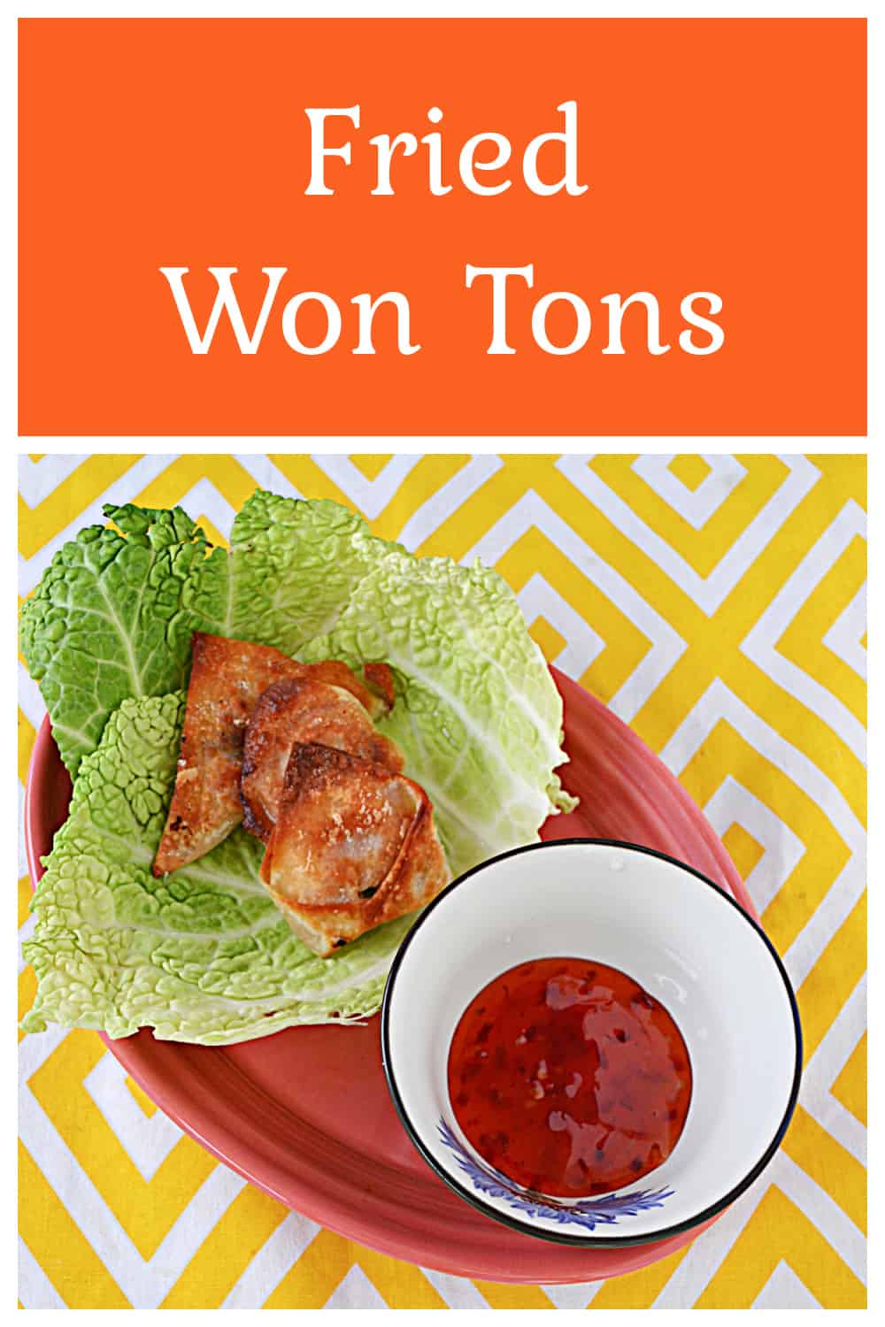 Pin Image: Text title, three fried won tons with a bowl of sauce next to it.