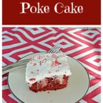 Pin image: Text title, A slice of red velvet cake with whipped frosting on top.