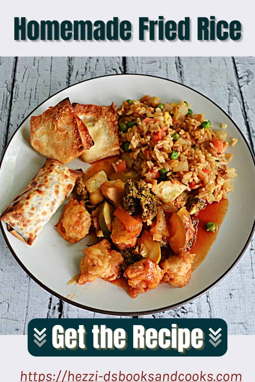 Pin Image: Text title, A plate of fried rice, baked chicken, egg roll.