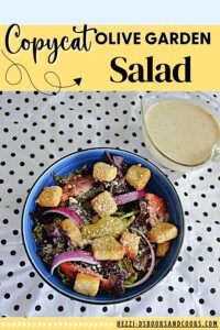 Pin Image: Text title, a big bowl of salad with toppings and a glass container of dressing.