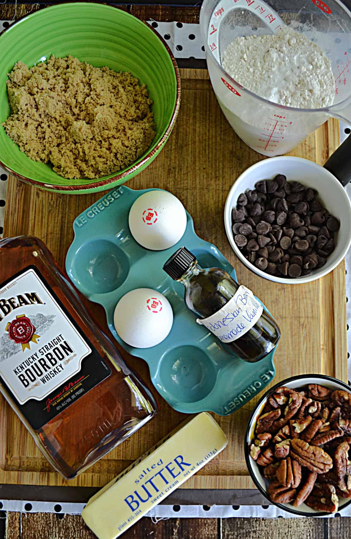 Ingredients for making Bourbon Pecan Chocolate Chip Cookies.