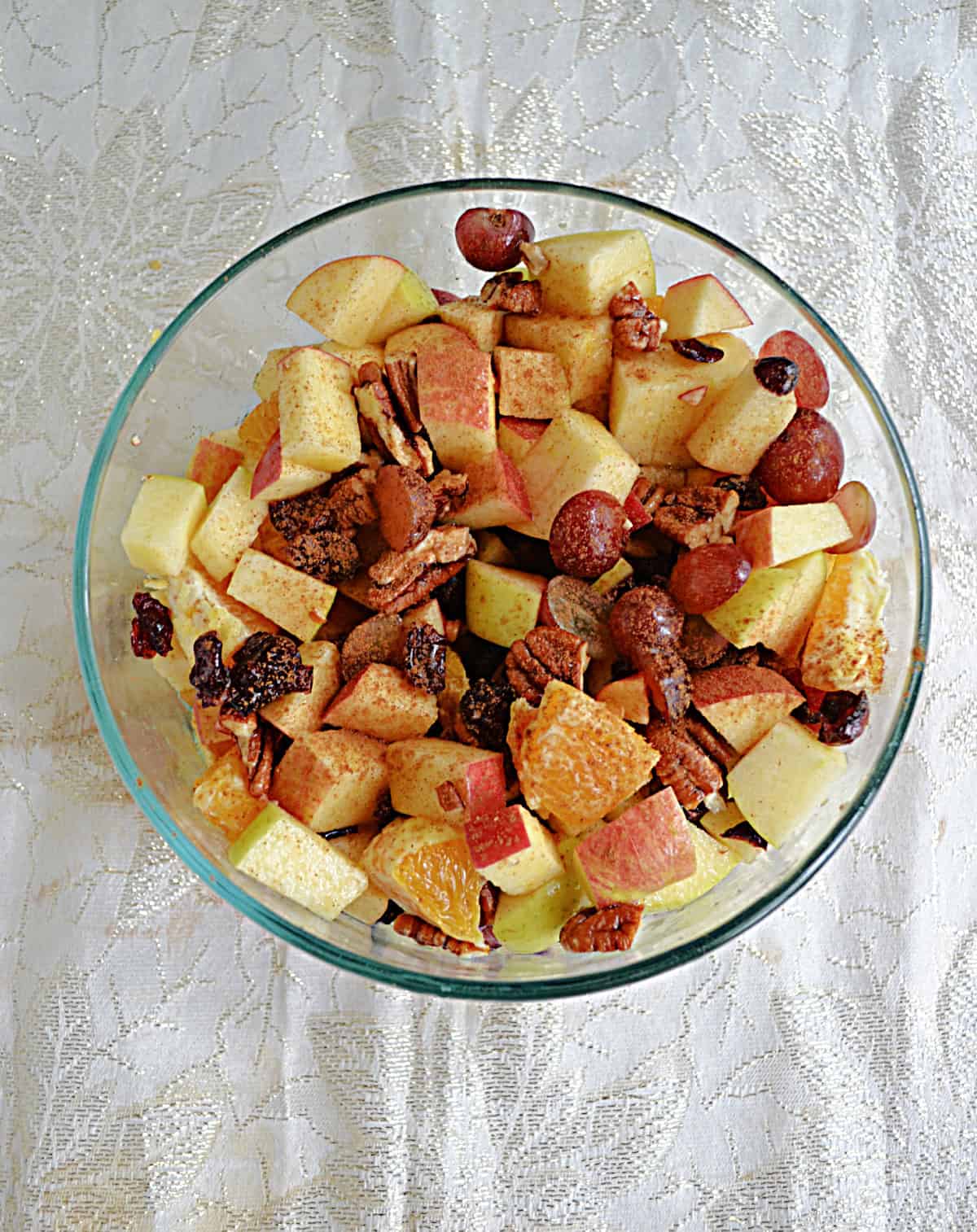 A top view of a bowl of fruit salad.