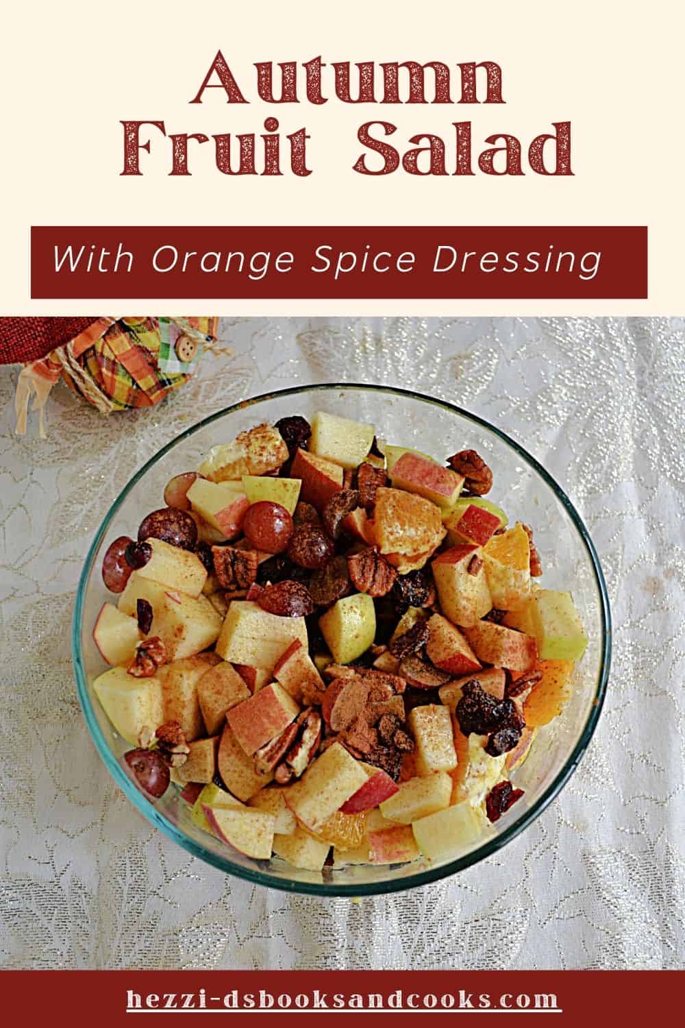 Pin Image: Text title, a bowl of apples, oranges, cranberries, and pecans.