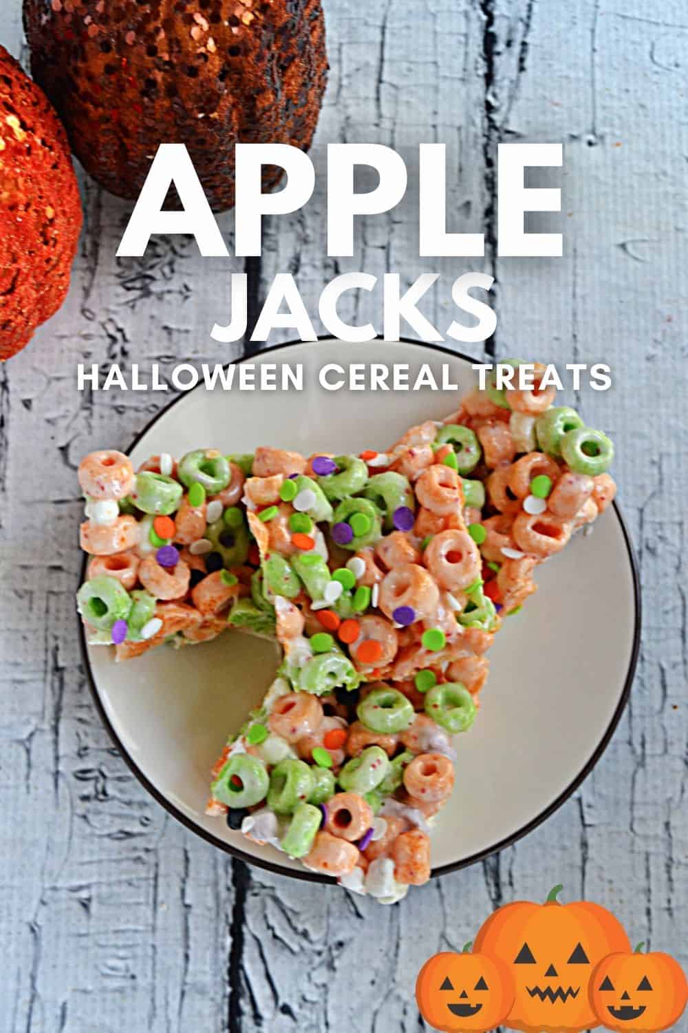 Pin Image: Text, a plate of Apple Jacks cereal treats.