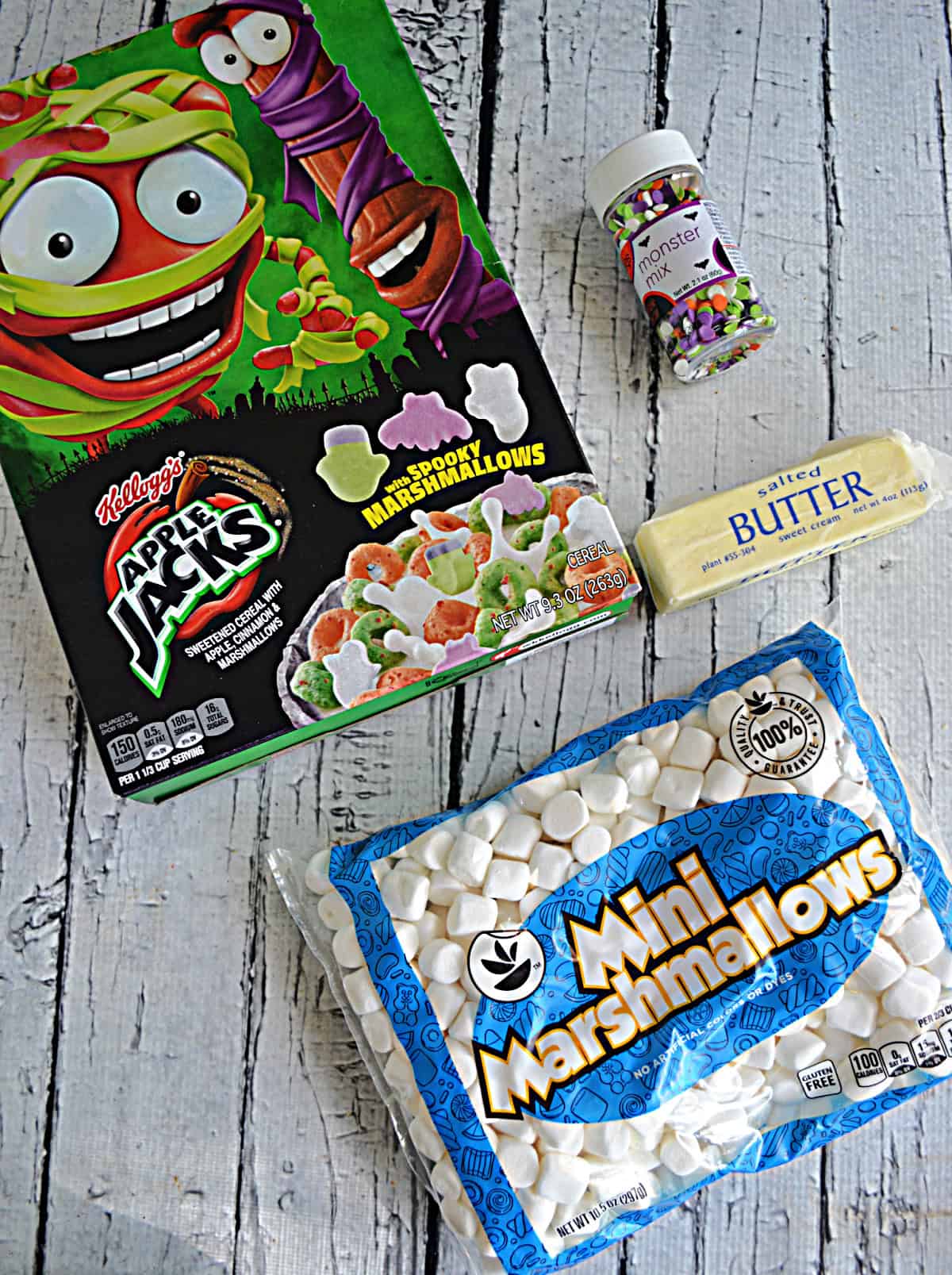 Ingredients for making Apple Jacks cereal treats.