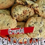 Pin Image: A plate of chocolate chip cookies with one cookie broken in half, text title.