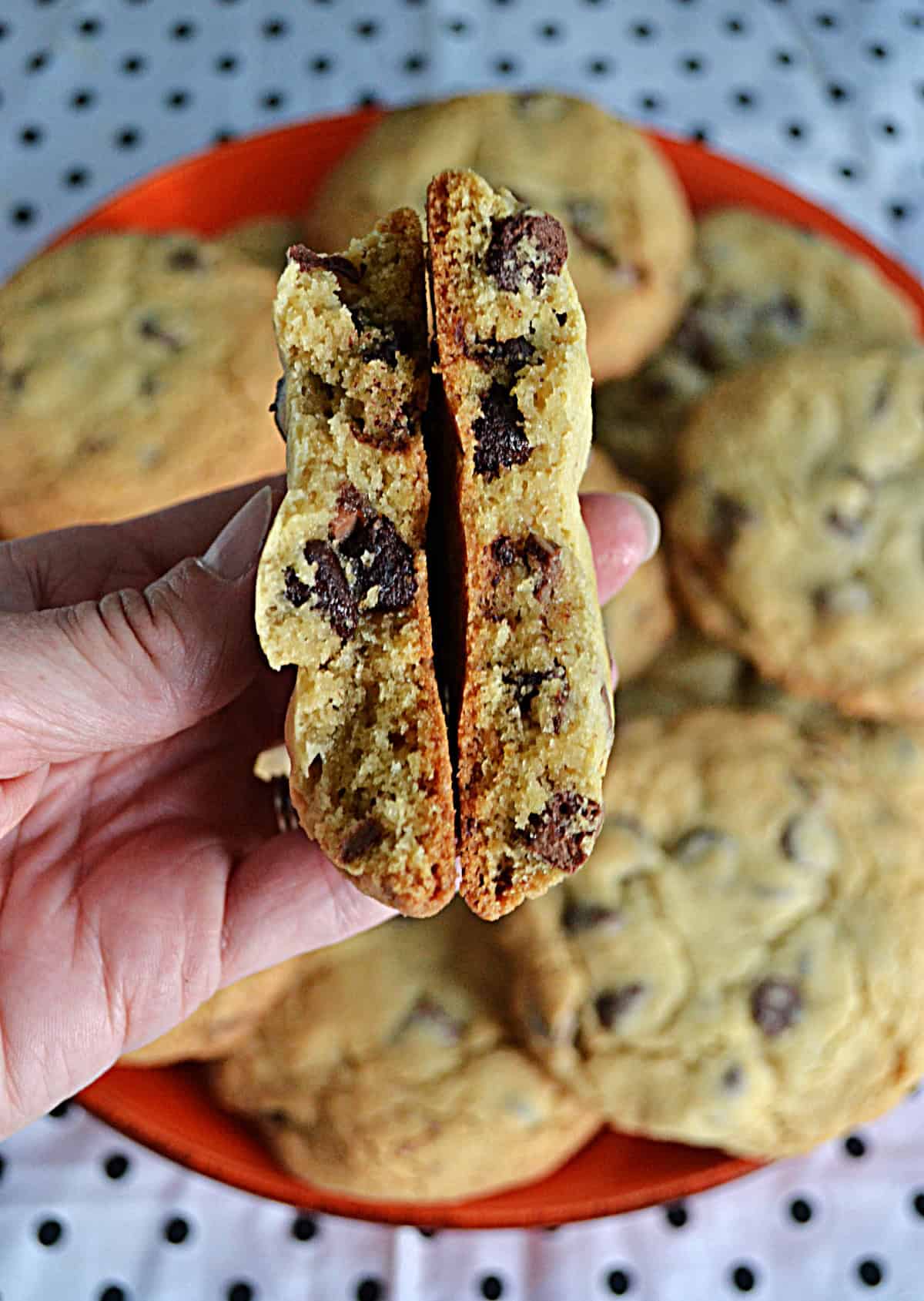 A hand holding a chocolate chip cookie broken in half.